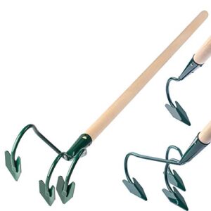 KADAX Grubber, Gartenkralle, Gartenhacke zum Lockern des Bodens, Kultivator für Garten, Handgrubber aus Metall, Blumenkralle, Gartenzubehör, Blumenharke, Bodenlüfter (3 Zinken, mit Holzstiel)