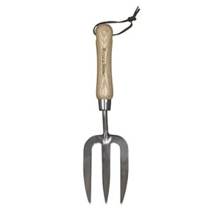 Hochwertige Handgabel für die Gartenpflege mit Edelstahl-Kopf und kurzem Stiel aus Eschenholz