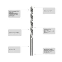 Hochpräzise HSS Metallbohrer für Stahl mit extra langem Schaft und rechtsschneidender Spiralform. Spitzenanschluss nach DIN 1412 C.