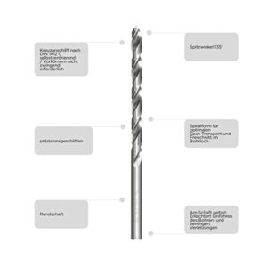 Hochpräzise HSS Metallbohrer für Stahl mit extra langem Schaft und rechtsschneidender Spiralform. Spitzenanschluss nach DIN 1412 C.