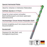 KWB Hardcut Granitbohrer Ø 8 mm mit Hartmetallspezialschneide, asymmetrische Hochtemperaturgelötete Hartmetallplatte für optimalen Bohrfortschritt und Rundschaft