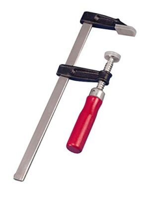 Schraub-Zwinge mit Holzgriff, robuste Spannbacken und stabile Metallschiene für kraftvolles Fixieren und Verleimen von Werkstücken