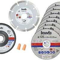 Trennscheiben-Set mit 10 Einzel-Scheiben, inkl. Diamanttrennscheibe und Schleifmopteller, für Winkelschleifer, Ø 125 mm, praktische Aufbewahrungsdose und Gehörschutzstöpsel