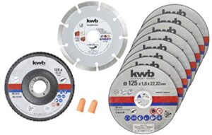 Trennscheiben-Set mit 10 Einzel-Scheiben, inkl. Diamanttrennscheibe und Schleifmopteller, für Winkelschleifer, Ø 125 mm, praktische Aufbewahrungsdose und Gehörschutzstöpsel