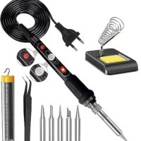 Lötkolben Set, 60W Lötkolben Lötset mit EIN/AUS-Schalter, Temperaturanpassung von 200-450°C, 5 Lötspitzen, Gebogene Pinzette, Lötdraht und Eisenständer