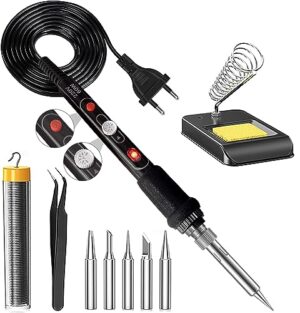 Lötkolben Set, 60W Lötkolben Lötset mit EIN/AUS-Schalter, Temperaturanpassung von 200-450°C, 5 Lötspitzen, Gebogene Pinzette, Lötdraht und Eisenständer