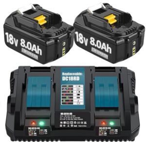 Hohe Kapazität 18V 8.0Ah/8000mAh Ersatzakku für Makita und Dual Port 6A Ladegerät mit LED-Anzeige für lange Akkulaufzeit und schnelles Laden kompatibel mit BL1860B, BL1860, BL1850B, BL1840B, BL1830 Werkzeugakku