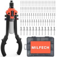 MILFECH Nietenzange Set mit 210 Nieten für Blindnietzange mit 6,4mm-2,4mm Blindnieten und 5 auswechselbaren Mundstücken. Ideal für Automobil, Eisenbahn, Möbel und Instrumente.
