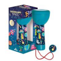 Kompakte und robuste Kindertaschenlampe mit 4 LEDs im Weltraum Design, wiederaufladbare Akku-Taschenlampe mit Deko-Anhänger, Geschenkidee für Kinder ab 4 Jahren