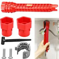 Multifunktions Sanitärschraubengriff-Werkzeug für die Installation und Wartung von Wasserhähnen, Waschbecken und anderen sanitären Einrichtungen. Robuste Aluminiumlegierung, rutschfeste Oberfläche, extra langer Griff, integriertes Zubehör wie Wasserwaage und Drahtbruch-Extraktor.