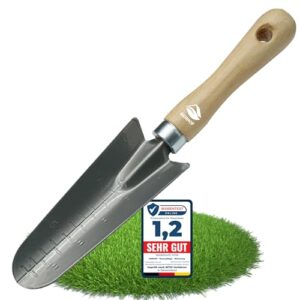 Pflanzschaufel mit Tiefenmessung, Gartenwerkzeug für Hochbeet und Blumenbeet, ergonomischer Holzgriff und Stahlklinge