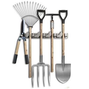 Platzsparender Gerätehalter für die Wand - Aluminium-Profil mit 4 individuell positionierbaren Halterungen und 5 Haken für Besen, Gartengeräte, Werkzeug - Ideal in Garage, Werkstatt und Garten