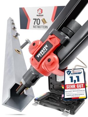 RAM TOOLS Nietmutternzange - Set mit 70 Nietmuttern, Bohrloch-Tabelle und Dorne in verschiedenen Größen