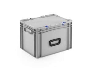 Ein robuster Eurobehälter mit Tragegriff und Scharnierdeckel. Der stapelbare Kunststoffkoffer ist ideal für Lager, Transport und als Aufbewahrungsbox für Werkzeuge und Materialien.