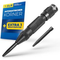 S&R Automatische Ankörner 50-100 N, 130 mm, Federkörner mit 1 Ersatzspitze, Cr-V, Automatikkörner gerändelt, robuste langlebige Vollmetall-Ausführung für Metall, Holz, Stein und Kunststoff