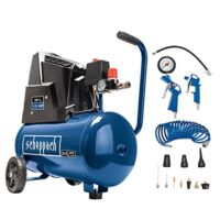Scheppach Kompressor HC25o mit 1100 W Leistung, 24 L Fassungsvermögen und 8 bar Druck. Inklusive 13-teiligem Druckluft-Werkzeug-Set und 5 m Spiralschlauch