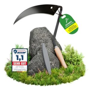 Traditionelle scharfe Sensensichel mit Holzgriff für Gartenarbeit - inklusive gratis Schleifstein