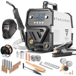 STAHLWERK Schweißgerät Vollausstattung MIG MAG 200 ST - Digital, kompakt & leistungsstark, Inverter mit 200 A, Schutzgas-, FLUX- und MMA/ARC-Schweißen, Spot-Funktion, synergischer Drahtvorschub