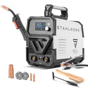 STAHLWERK Schweißgerät FLUX 160 ST Digital, kompakt & mobil, Fülldraht-Schweißen ohne Schutzgas bis 160 A, synergischer Drahtvorschub, Lift-TIG & MMA-Funktion, Digital-Display, IGBT-Technologie