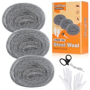 Stahlwolle gegen Mäuse, 2# 3 Rollen 15m, Arbeitshandschuhe Schere für Löcher und Wand Risse von Haus, Garten und für Reinigen und Polieren