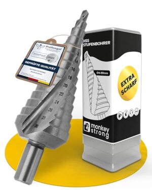 Stufenbohrer aus HSS Stahl mit 14 Stufen für verschiedene Materialien wie Baustahl, NE-Metalle, Holz und Kunststoff