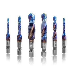 Treki 6 Stück Kombi Gewindeschneider Bit Set M3 M4 M5 M6 M8 M10, Manuell Gewindebohrer Set, Spiralgewindebohrer mit 6.35mm für Akkuschrauber, HSS Handgewindebohrer Maschinengewindebohrer Bits Satz