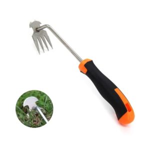 Gartenarbeit, Unkraut entfernen mit langem Stiel und Gummigriff, 4 Zähne für effektives Arbeiten in Garten, Terrasse oder Feld.