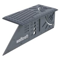 Praktischer 3D-Gehrungswinkel von wolfcraft für das Heimwerken, ideal für die Bearbeitung von dreidimensionalen Werkstücken mit integrierter Bohrlehre und vielseitiger Skala.