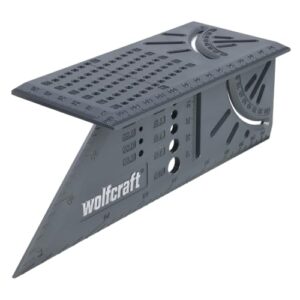 Praktischer 3D-Gehrungswinkel von wolfcraft für das Heimwerken, ideal für die Bearbeitung von dreidimensionalen Werkstücken mit integrierter Bohrlehre und vielseitiger Skala.
