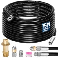 Universal-Rohrreinigungsset mit 15m Schlauch, Hochdruckreiniger, Kanalduse und Adapter für K2-K7