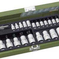 Proxxon 23102 TX-Steckschlüssel Spezialsatz mit Innen- und Außen Torx Antrieb, 6,3mm (1/4") & 12,5mm (1/2"), Stahlkasten, Werkzeugset