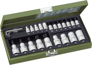 Proxxon 23102 TX-Steckschlüssel Spezialsatz mit Innen- und Außen Torx Antrieb, 6,3mm (1/4") & 12,5mm (1/2"), Stahlkasten, Werkzeugset