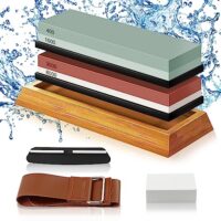 Doppelseitiger Wetzstein für Messer mit 400/1000 und 3000/8000 Grit, Schleifstein Körnung mit Winkelführung, Bambusbasis und Lederstreifen