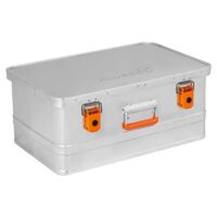 Werkzeugtruhe mit 40 Litern Fassungsvermögen, silberner Aluminium-Konstruktion und orangen Schnallen
