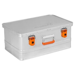 Werkzeugtruhe mit 40 Litern Fassungsvermögen, silberner Aluminium-Konstruktion und orangen Schnallen