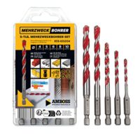 Multifunktionales Bohrer Set mit 5 verschiedenen Durchmessern für verschiedene Anwendungen wie Holzbearbeitung, Blechbearbeitung, Gipskartonbearbeitung, Stahlbearbeitung und Mauerwerksbearbeitung.