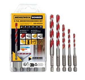 Multifunktionales Bohrer Set mit 5 verschiedenen Durchmessern für verschiedene Anwendungen wie Holzbearbeitung, Blechbearbeitung, Gipskartonbearbeitung, Stahlbearbeitung und Mauerwerksbearbeitung.