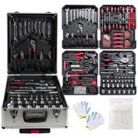 Werkzeugset aus Aluminium mit 1200 verschiedenen Teilen, perfekt für Haushalt, Garage und Werkstatt. Koffer hat 4 Fächer und Teleskopgriff, Silber.