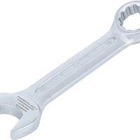 Maul-Ringschlüssel aus Chrom-Vanadium-Stahl, kalt geschmiedet, matt verchromt, Ringende 15° abgewinkelt, Abtriebsprofil Ringseite: Zwölfkant, extra kurz, Schlossweite 1: 15 mm und 2: 15 mm