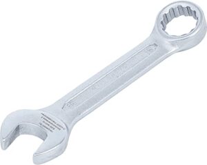 Maul-Ringschlüssel aus Chrom-Vanadium-Stahl, kalt geschmiedet, matt verchromt, Ringende 15° abgewinkelt, Abtriebsprofil Ringseite: Zwölfkant, extra kurz, Schlossweite 1: 15 mm und 2: 15 mm