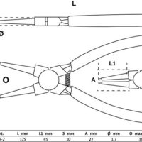 Hochwertige Sprengringzange für Innensprengringe mit rutschhemmender Oberfläche und 175 mm langer Zangenspitze.