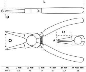 Hochwertige Sprengringzange für Innensprengringe mit rutschhemmender Oberfläche und 175 mm langer Zangenspitze.