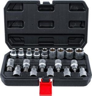Einsetzbarer Steckschraubensatz mit Bit-Einsätzen und Antrieb Innensechskant 12,5 mm (1/2") sowie T-Profilen für Torx-Schrauben von T20 bis T70