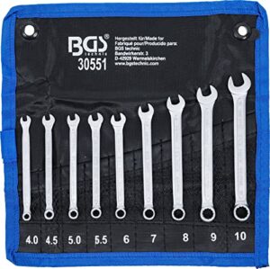 Maul-Ringschlüssel-Satz von BGS mit 9 Ringen in verschiedenen Durchmessern, inklusive Tetron-Rolltasche und Gabelringschlüssel