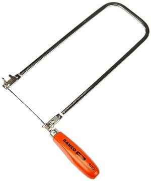 Hochwertige Laubsäge mit Bogen aus Flachstahl, orangelackierter Buchenholzgriff und Ausladung von 300 mm oder 12 Inch