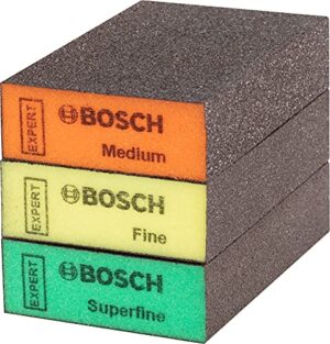 Bosch 3X EXPERT S471 Standard Schleifschwämme für Farbe auf Holz, Weichholz, Ø 69 x 97 x 26 mm, Mittel/Fein/Superfein, Professional Zubehör Handschleifen