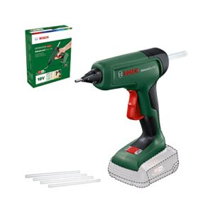 Bosch Akku-Klebepistole AdvancedGlue 18V mit verschiedenen Klebestiften und Karton. Leistungsstarke und zuverlässige Lösung für Ihre Kleberfahrungen.