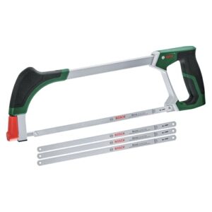 Bosch Bügelsäge 300mm mit 4 langlebigen Bi-Metall Sägeblättern für Metall, Holz, Kunststoff und mehr; Einfacher Wechselmechanismus; Softgrip