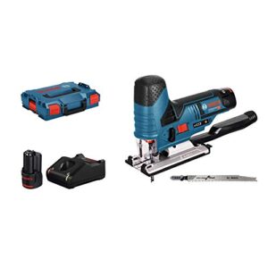 Bosch Professional 12V System Akku Stichsäge GST 12V-70 mit 2x 3.0Ah Akku, GAL 1230 CV und Zubehör für höhere Schnitttiefe in Holz