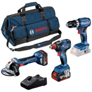 Das Bosch Professional 18V System Combo Kit ist ein umfassendes Werkzeugsystem mit einem Schlagbohrschrauber, Drehschlagschrauber und Winkelschleifer. Es enthält zwei 5.0Ah-Akkus und ein Schnellladegerät.
